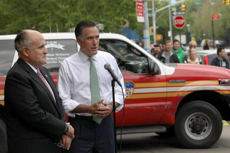 Mitt Romney appeared with former New York City Mayor Rudy Giuliani in front of Engine 24 and Ladder 5, a firehouse in lower Manhattan, to commemorate the anniversary of Osama bin Laden's death.
